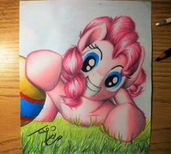 Size: 3514x3161 | Tagged: safe, artist:uliovka, pinkie pie, earth pony, pony, ball, female, grass, solo, traditional art