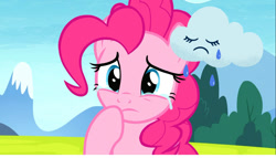 Size: 1366x784 | Tagged: safe, edit, edited screencap, screencap, pinkie pie, earth pony, pony, the maud couple, cloud, sad