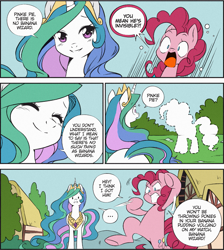 Size: 1463x1633 | Tagged: safe, artist:nekoshiei, color edit, edit, editor:anonycat, seven seas, pinkie pie, princess celestia, alicorn, earth pony, pony, my little pony: the manga, banana wizard, colored, comic, cropped, duo, female, mare, pinkie being pinkie, ponyville