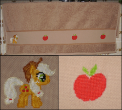 Size: 1000x900 | Tagged: safe, artist:fusainne, applejack, apple, craft, cross stitch, food, irl, photo, solo, towel