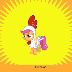 Size: 1024x1024 | Tagged: safe, artist:shadowdark3, scootaloo, animal costume, chicken suit, clothes, costume, cute, cutealoo, derpibooru, happy, meta, scootachicken, solo, spoilered image joke