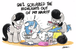 Size: 2277x1468 | Tagged: safe, artist:bobthedalek, dj pon-3, octavia melody, vinyl scratch, oc, oc:mixed melody, oc:octavia's mother, earth pony, pony, unicorn, aggressive mothering, apron, bath, bathtub, bottle, bubble, cloth diaper, clothes, forced bathing, mothers gonna mother, scott pilgrim vs the world, simple background, towel, traditional art, wet mane, white background