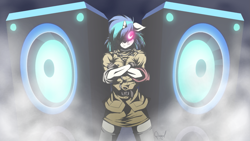 Size: 1921x1080 | Tagged: safe, artist:quynzel, dj pon-3, vinyl scratch, anthro, anime, bass cannon, crossed arms, crossover, floppy ears, hellsing, hellsing ultimate abridged, looking at you, loud speaker, nowacking, seras victoria, smoke, solo, speakers, vinyl the vampire, voice actor joke