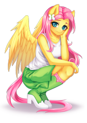 Size: 2480x3507 | Tagged: safe, artist:gyuumu, fluttershy, anthro, pegasus, plantigrade anthro, clothes, equestria girls outfit, female, looking at you, mare, simple background, skirt, solo, tanktop, transparent background, watermark