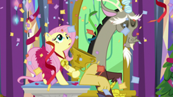 Size: 1280x720 | Tagged: safe, screencap, discord, fluttershy, pegasus, pony, best gift ever, confetti, trophy