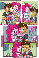 Size: 1710x2554 | Tagged: safe, artist:art-2u, pinkie pie, oc, oc:copper plume, comic:the copperpie chronicles, comic:the copperpie chronicles - sweet craving, better together, equestria girls, apron, baking, blushing, cake, canon x oc, clothes, comic, commission, commissioner:imperfectxiii, copperpie, female, food, freckles, glasses, kitchen, male, mixer, neckerchief, shirt, smiling, straight