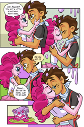 Size: 1710x2554 | Tagged: safe, artist:art-2u, pinkie pie, oc, oc:copper plume, comic:the copperpie chronicles, comic:the copperpie chronicles - sweet craving, better together, equestria girls, apron, blushing, cake, canon x oc, clothes, comic, commission, commissioner:imperfectxiii, copperpie, female, food, freckles, glasses, kissing, kitchen, male, neckerchief, shirt, smiling, straight, text