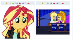 Size: 1022x565 | Tagged: safe, artist:bigpurplemuppet99, artist:fella, edit, edited screencap, screencap, adagio dazzle, applejack, sunset shimmer, equestria girls, dazzlejack, derpibooru, female, jeopardy, juxtaposition, lesbian, meta, pondering, shipping