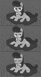 Size: 640x1204 | Tagged: safe, artist:herooftime1000, octavia melody, earth pony, pony, comic, crying, eyes closed, female, grass, mare, monochrome, mud, octavia in the underworld's cello, open mouth, pixel art, sad, solo