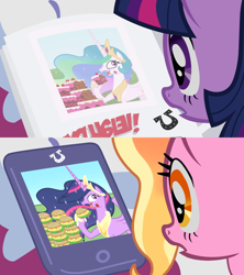 Size: 1280x1440 | Tagged: safe, artist:atariboy2600, edit, screencap, luster dawn, princess celestia, princess twilight 2.0, twilight sparkle, twilight sparkle (alicorn), unicorn twilight, alicorn, pony, unicorn, ponyville confidential, the last problem, burger, cake, cakelestia, food, full circle, future, future twilight, gabby gums, gossip, hay burger, history repeats itself, ipad, side by side, tablet, that pony sure does love burgers, twilight burgkle, vector, vector edit