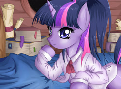 Size: 3000x2200 | Tagged: safe, artist:mricantdraw, derpibooru import, twilight sparkle, bed, blanket, book, clothes, scroll, solo