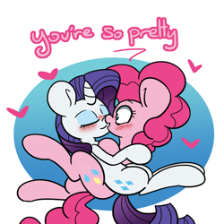 Size: 1500x1500 | Tagged: safe, artist:lou, pinkie pie, rarity, earth pony, pony, unicorn, blushing, dialogue, duo, eyes closed, female, heart, lesbian, mare, open mouth, raripie, shipping, smiling