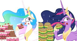 Size: 1883x1000 | Tagged: safe, artist:atariboy2600, edit, princess celestia, princess twilight 2.0, twilight sparkle, twilight sparkle (alicorn), alicorn, pony, the last problem, burger, cake, cakelestia, cakes, food, future, future twilight, gabby gums, hay burger, side by side, twilight burgkle, vector, vector edit