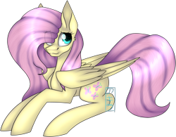 Size: 3860x3018 | Tagged: safe, artist:akirachan047, artist:koro-megasaki-andro4, fluttershy, pegasus, pony, cutie mark, eye clipping through hair, female, hair over one eye, mare, prone, simple background, solo, transparent background