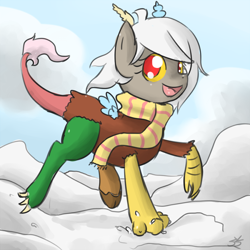 Size: 900x900 | Tagged: safe, artist:speccysy, discord, eris, adoreris, clothes, cute, female, rule 63, rule63betes, scarf, smiling, snow, solo, young