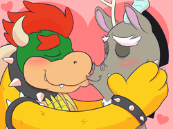 Size: 1280x956 | Tagged: safe, artist:acstlu, discord, blushing, bowser, crack shipping, crossover, eyes closed, gay, heart, hug, kissing, male, shipping, spiked wristband, super mario bros., wat, why, wristband, wtf