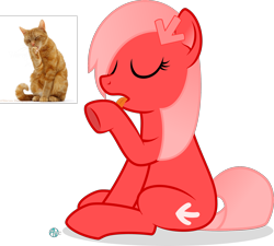 Size: 2000x1800 | Tagged: safe, artist:arifproject, oc, oc only, oc:downvote, cat, pony, behaving like a cat, derpibooru, derpibooru ponified, eyes closed, licking, meta, ponified, ponified animal photo, simple background, sitting, solo, tongue out, transparent background, vector