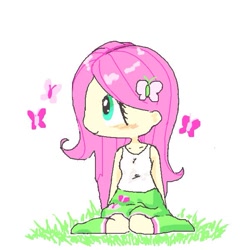 Size: 600x600 | Tagged: safe, artist:ume89s, fluttershy, butterfly, human, equestria girls, blushing, boots, clothes, cute, female, grass, shoes, sitting, skirt, solo, tanktop