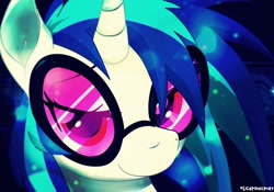 Size: 1024x718 | Tagged: safe, artist:lilapudelpony, dj pon-3, vinyl scratch, pony, unicorn, cute, ear fluff, lidded eyes, looking at you, smiling, solo, sunglasses, vinylbetes