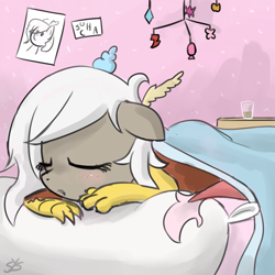 Size: 900x900 | Tagged: safe, artist:speccysy, discord, eris, adoreris, blushing, cute, rule 63, rule63betes, sleeping, solo, younger