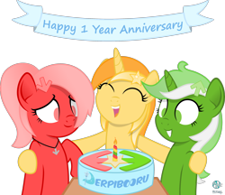 Size: 2500x2159 | Tagged: safe, artist:aemantaslim, artist:arifproject, derpibooru exclusive, oc, oc only, oc:downvote, oc:favourite, oc:upvote, pony, collaboration, anniversary, birthday, birthday cake, cake, cute, derpibooru, derpibooru ponified, eyes closed, food, grin, meta, open mouth, ponified, simple background, smiling, table, transparent background, vector