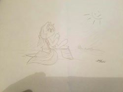 Size: 1280x960 | Tagged: safe, artist:thattagen, derpibooru import, twilight sparkle, twilight sparkle (alicorn), alicorn, pony, beach, monochrome, sketch, traditional art