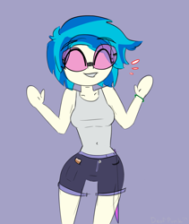 Size: 1687x2000 | Tagged: safe, artist:deafpunk, dj pon-3, vinyl scratch, equestria girls, arms wide open, bracelet, clothes, eyes closed, glasses, jewelry, lanyard, short hair, shorts, smiling, solo, sunglasses, tanktop, thigh gap