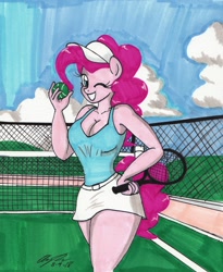 Size: 2017x2462 | Tagged: safe, artist:newyorkx3, pinkie pie, anthro, adorasexy, breasts, cleavage, clothes, curvy, cute, female, miniskirt, pinkie pies, sexy, skirt, solo, sports, tennis, tennis racket, thighs, traditional art