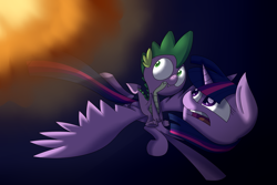 Size: 2743x1828 | Tagged: safe, artist:supercoco142, derpibooru import, spike, twilight sparkle, twilight sparkle (alicorn), alicorn, dragon, pony, explosion