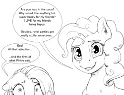 Size: 990x765 | Tagged: safe, artist:silfoe, fluttershy, pinkie pie, earth pony, pegasus, pony, ask, duo, female, floppy ears, grayscale, mare, monochrome, royal sketchbook, tumblr