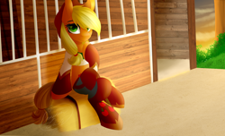 Size: 1024x623 | Tagged: safe, artist:jacobdawz, applejack, earth pony, pony, chaps, clothes, colored pupils, cowboy hat, crossed legs, female, hair over one eye, hat, hay bale, heart eyes, hoof on chin, lidded eyes, looking at you, mare, signature, sitting, smiling, solo, stetson, wingding eyes