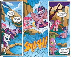 Size: 1321x1038 | Tagged: safe, artist:tonyfleecs, derpibooru import, idw, pinkie pie, rarity, spike, twilight sparkle, twilight sparkle (alicorn), alicorn, dragon, earth pony, pony, unicorn, ponies of dark water, spoiler:comic, spoiler:comic45, comic, cropped, female, hot springs, mare, official comic, pushing, speech bubble, splash, water