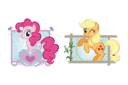 Size: 700x467 | Tagged: safe, applejack, pinkie pie, earth pony, pony, badge, concept art, hasbro, missing accessory, official, simple background, stock image, white background