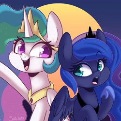 Size: 4096x4095 | Tagged: safe, artist:sakukitty, princess celestia, princess luna, alicorn, pony, absurd resolution, crown, cute, cutelestia, duo, female, flowing mane, hoof shoes, jewelry, looking at each other, lunabetes, mare, open mouth, peytral, regalia, royal sisters, siblings, sisters, smiling