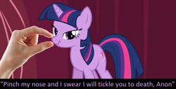 Size: 1166x590 | Tagged: safe, edit, edited screencap, screencap, twilight sparkle, too many pinkie pies, boop, boop edit, bronybait, cute, hand, meta, nose wrinkle, pinch, scrunchy face, solo, tickling