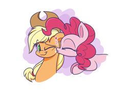 Size: 1050x750 | Tagged: safe, artist:heir-of-rick, applejack, pinkie pie, earth pony, pony, applepie, female, hat, heart, kiss on the cheek, kissing, mare