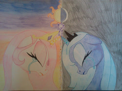 Size: 2048x1536 | Tagged: safe, artist:wolfling12, princess celestia, princess luna, alicorn, pony, crying, duo, female, lullaby for a princess, moon, s1 luna, siblings, sisters, sun, traditional art, young celestia