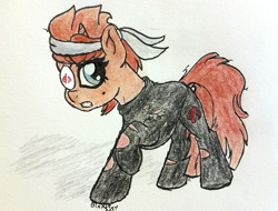 Size: 1693x1285 | Tagged: safe, artist:binkyt11, derpibooru exclusive, oc, oc only, oc:hide, pony, unicorn, beauty mark, clothes, cosplay, costume, derpibooru, derpibooru ponified, derpibooru theme illusion, edgy, eyepatch, female, illusion, mare, meta, ponified, raised hoof, solo, traditional art