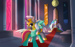 Size: 1920x1200 | Tagged: safe, artist:lunar froxy, princess celestia, oc, oc:typhoon, alicorn, pegasus, pony, unicorn, angry, armor, banner, castle, eyes closed, gritted teeth, royal guard, throne