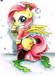 Size: 2149x2993 | Tagged: safe, artist:mashiromiku, fluttershy, pegasus, pony, bipedal, christmas, clothes, commission info, costume, hearth's warming, holiday, merry christmas, santa costume, solo, traditional art, watercolor painting