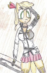 Size: 806x1255 | Tagged: safe, artist:sovietpone, applejack, anthro, female, solo, traditional art, weapon