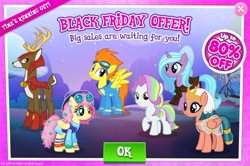 Size: 1156x767 | Tagged: safe, idw, blackthorn, blaze, coconut cream, fluttershy, radiant hope, somnambula, deer, earth pony, pegasus, pony, unicorn, advertisement, black friday, cropped, gameloft, idw showified, official, retro, sale