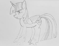 Size: 2000x1584 | Tagged: safe, artist:darelith, derpibooru import, twilight sparkle, twilight sparkle (alicorn), alicorn, changeling, pony, changelingified, monochrome, solo, species swap, traditional art