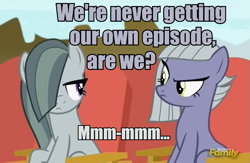 Size: 665x434 | Tagged: safe, edit, edited screencap, screencap, limestone pie, marble pie, earth pony, pony, rock solid friendship, colored text, duo, image macro, looking at each other, meme, meta, nope, sitting, unamused