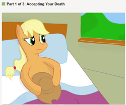 Size: 674x564 | Tagged: artist needed, safe, applejack, earth pony, pony, bed, drawthread, implied death, on back, pillow, ponified meme, solo, wikihow