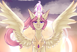 Size: 1400x943 | Tagged: safe, artist:citrus-flamingo, princess celestia, alicorn, pony, crown, glowing horn, horn, jewelry, peytral, pink-mane celestia, regalia, solo, spread wings, sun work, sunrise, wings, younger