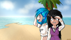 Size: 1600x900 | Tagged: safe, artist:linlaifeng, dj pon-3, octavia melody, vinyl scratch, human, a tropical octav3, anime, beach, cloud, female, humanized, island, music, ocean, palm tree, song, sun, tree