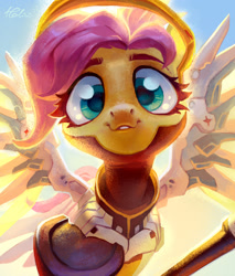 Size: 2258x2656 | Tagged: safe, artist:holivi, fluttershy, pegasus, pony, crossover, female, looking at you, mare, mercy, mercyshy, outstretched hoof, overwatch, smiling, solo