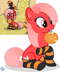 Size: 2107x2520 | Tagged: safe, artist:arifproject, oc, oc only, oc:downvote, earth pony, pony, clothes, derpibooru, derpibooru ponified, halloween, holiday, meta, ponified, pony town, pumpkin bucket, raised hoof, simple background, sitting, socks, stockings, striped socks, thigh highs, transparent background, vector