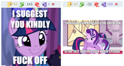 Size: 913x485 | Tagged: safe, starlight glimmer, twilight sparkle, twilight sparkle (alicorn), alicorn, pony, unicorn, shadow play, derpibooru, drama, image macro, juxtaposition, juxtaposition win, meme, meta, smiling, starlight drama, starlight drama drama, vulgar